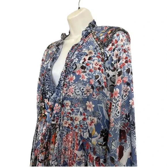 NEW Hemant & Nandita Blue Floral Mini Dress Boho Bohemian Peasant Long Sleeve M - Picture 6 of 15